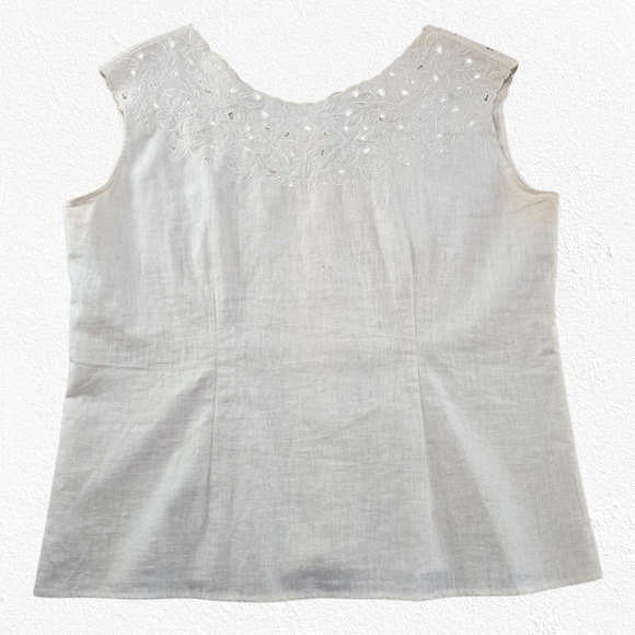 1990s Vintage White Linen Cotton Embroidered Eyelet Tank Top Blouse Size 16 - Picture 1 of 7